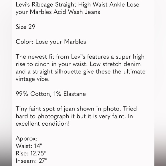 Levi's Ribcage Straight High Waist Ankle Lose your Marbles Acid Wash Jeans 29 - Picture 8 of 8